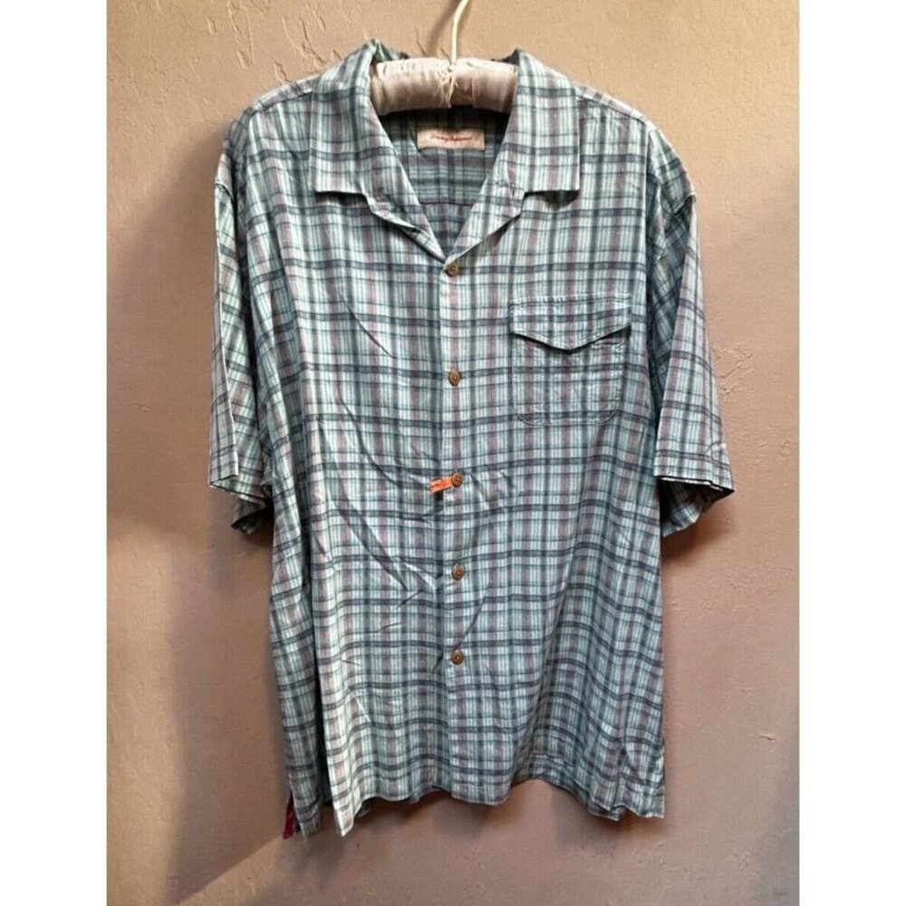 Tommy Bahama Mens Casual Button Up Short Sleeve Silk Plaid Shirt XLX Blue Pocket